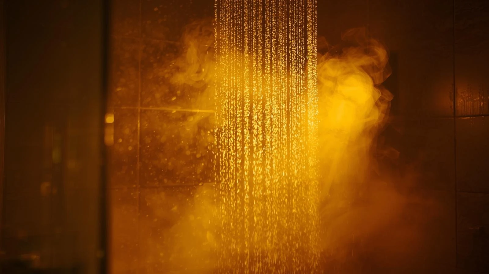 Sabah duş mu, akşam duş mu? Vücut için en faydalısı 8 Night shower scene warm yellow lighting relaxing atmosphere steam and water drops calm mood stress relief concept modern bathroom health and wellness editorial style 1