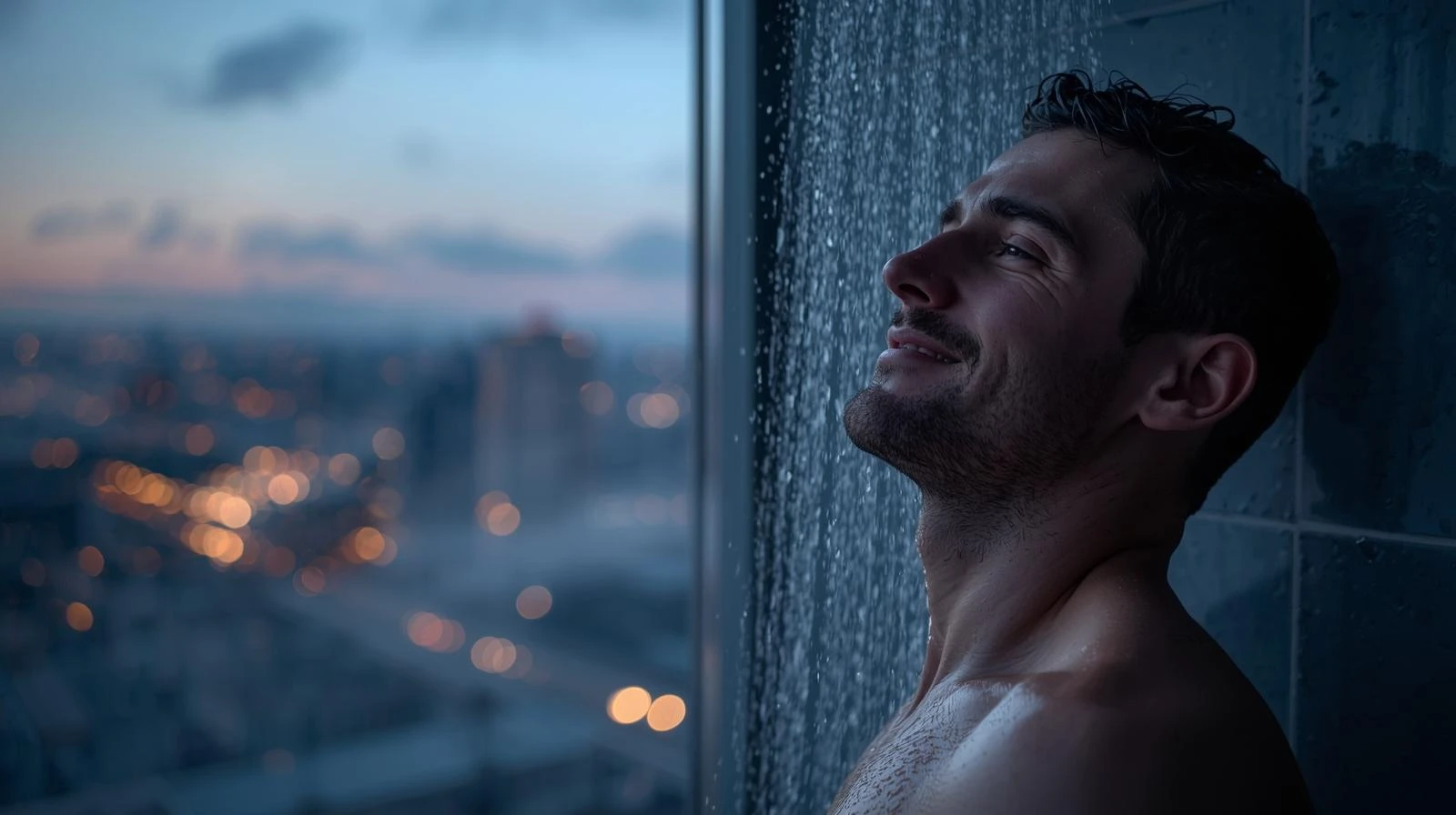 Sabah duş mu, akşam duş mu? Vücut için en faydalısı 9 Urban lifestyle hygiene concept evening shower after long day city lights through bathroom window modern realistic style health and cleanliness theme 2