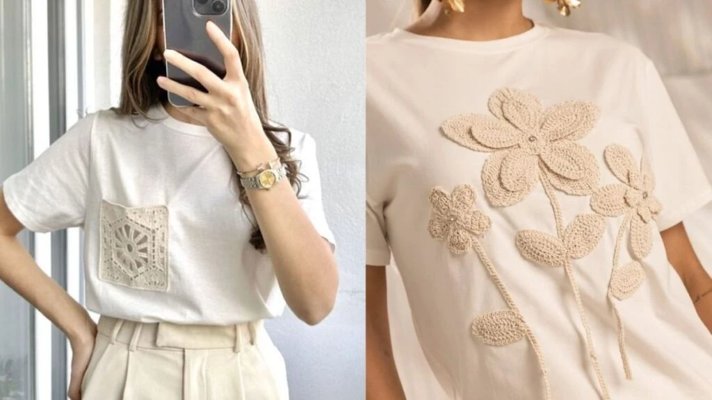 Tişörtlerinizi iğne oyasıyla çiçeklendirin! 2026 tişörtlere örme çiçek modelleri
