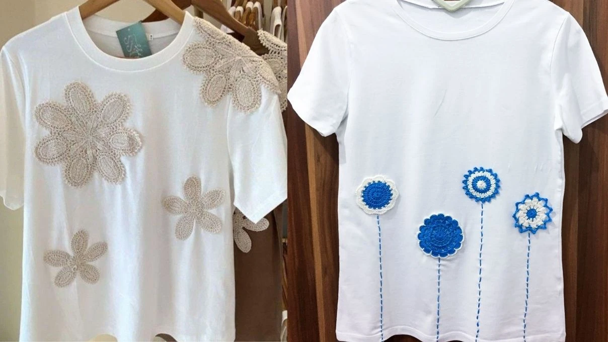 Tişörtlerinizi iğne oyasıyla çiçeklendirin! 2026 tişörtlere örme çiçek modelleri
