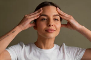 portrait young woman practicing facial yoga youth 1